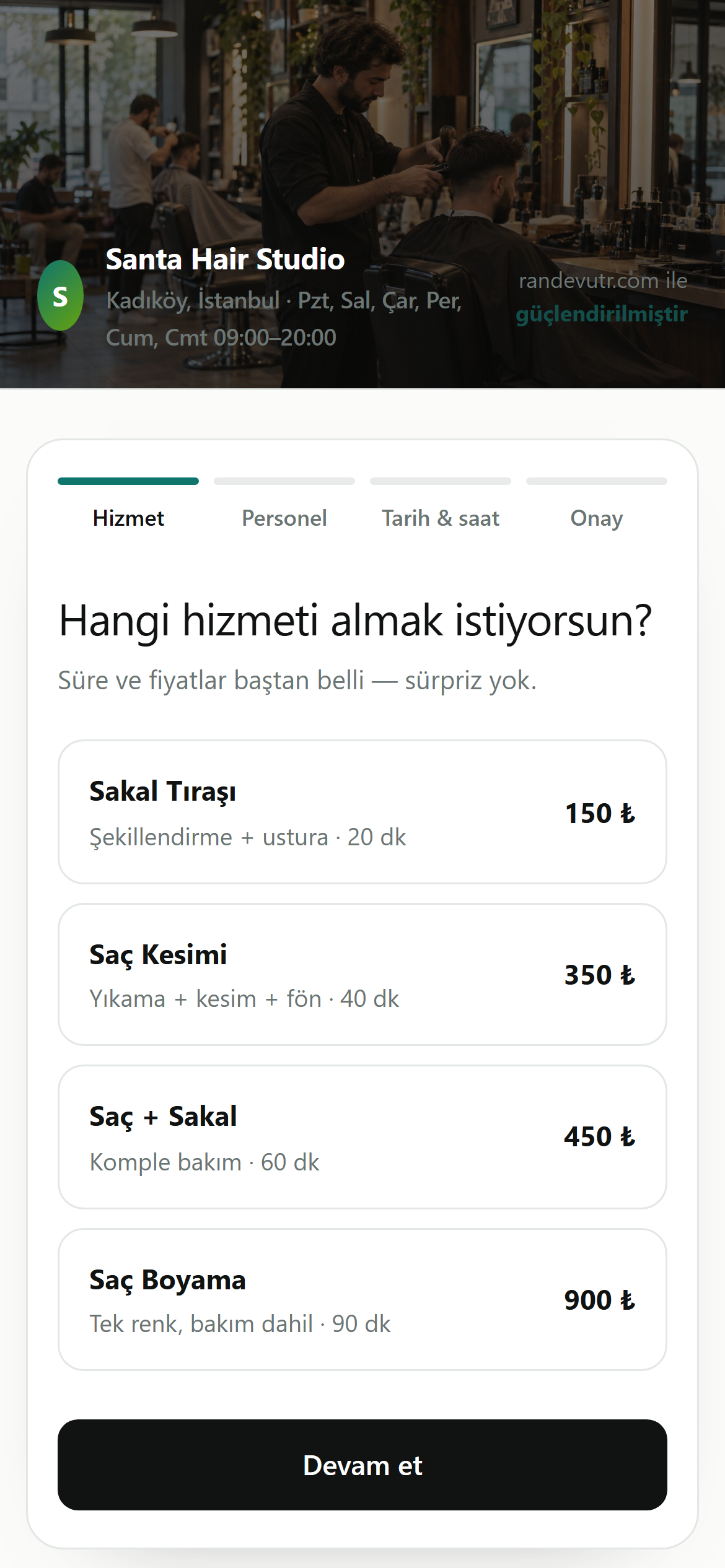 Müşteri randevu sayfası